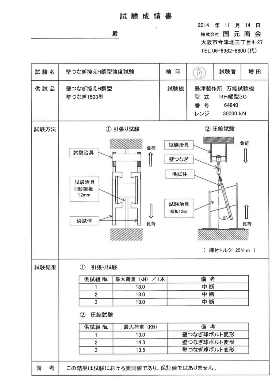 試験成績書｜壁つなぎ控え（Ｈ鋼用）